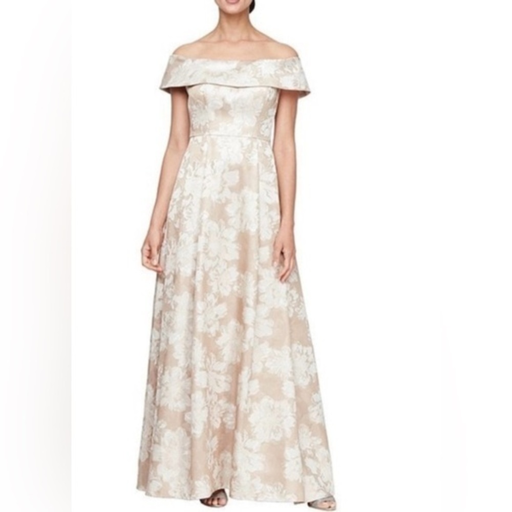 Alex Evenings Metalic Off shoulder Jacquard Gown NWT